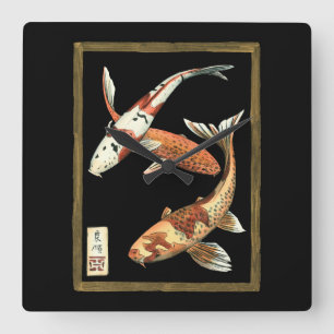 Two Japanese Koi Goldfish on Black Background Square Wall Clock