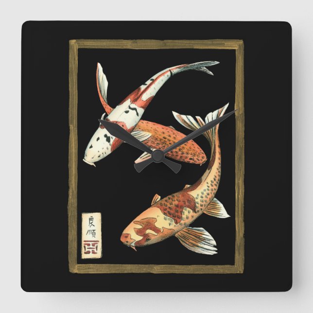 Two Japanese Koi Goldfish on Black Background Square Wall Clock (Front)