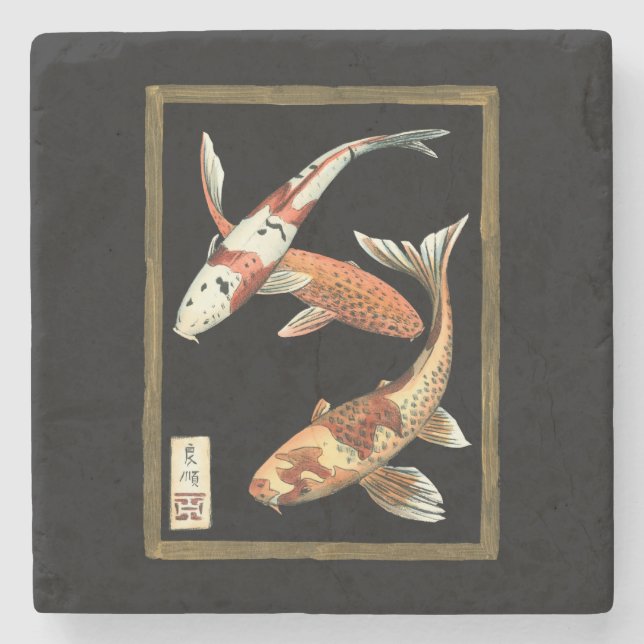 Two Japanese Koi Goldfish on Black Background Stone Coaster (Front)
