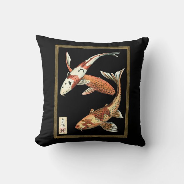 Two Japanese Koi Goldfish on Black Background Throw Pillow (Front)