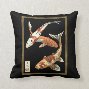 Two Japanese Koi Goldfish on Black Background Throw Pillow