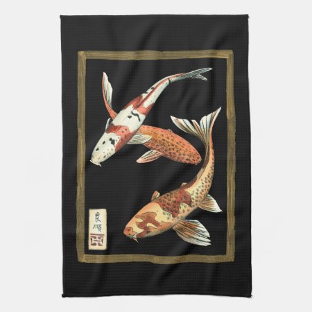 Two Japanese Koi Goldfish On Black Background Towel