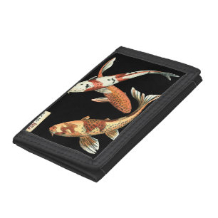 Two Japanese Koi Goldfish on Black Background Tri-fold Wallet