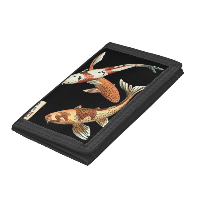 Two Japanese Koi Goldfish on Black Background Trifold Wallet (Bottom)