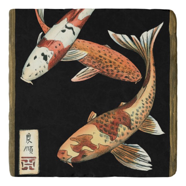 Two Japanese Koi Goldfish on Black Background Trivet (Front)