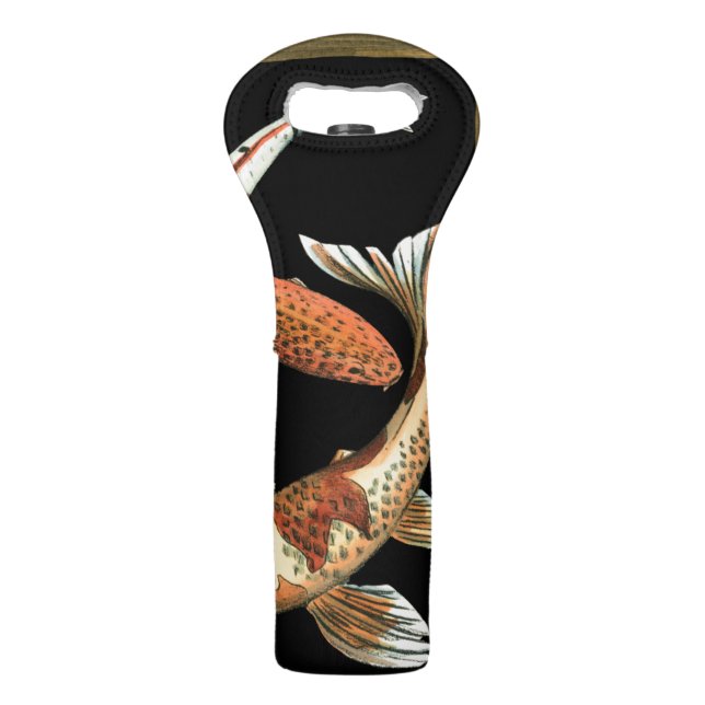 Two Japanese Koi Goldfish on Black Background Wine Bag (Back)