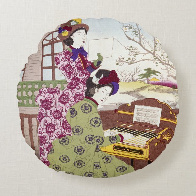 Two Japanese Ladies, C1890 Round Pillow (Front)