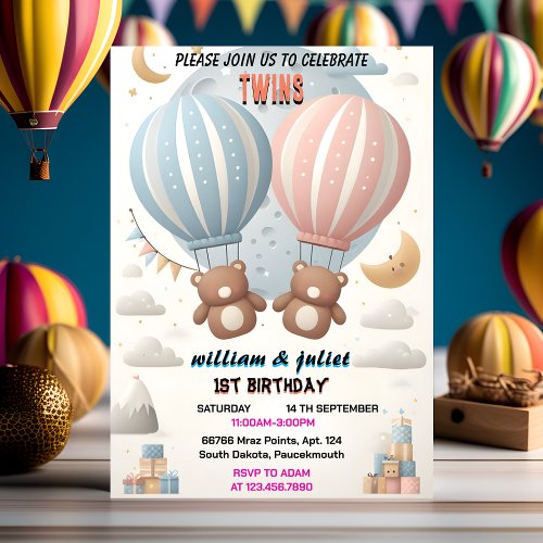Two joint bear Hot Air Balloon Twins 1st Birthday Invitation