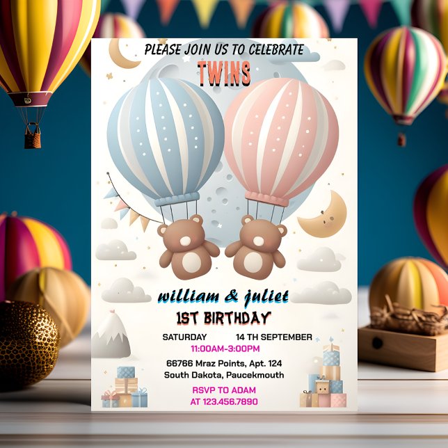 Two joint bear Hot Air Balloon Twins 1st Birthday Invitation (Creator Uploaded)