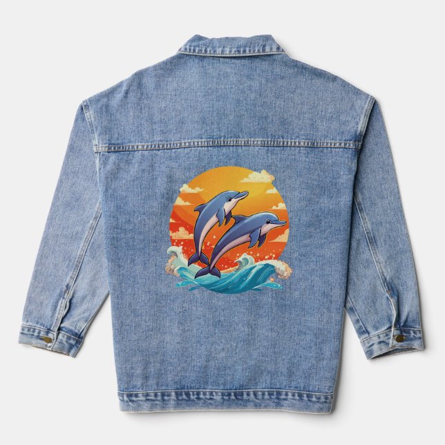 Two jumping cartoon dolphin denim jacket (Back)