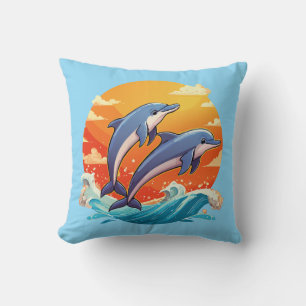 Two jumping cartoon dolphin throw pillow