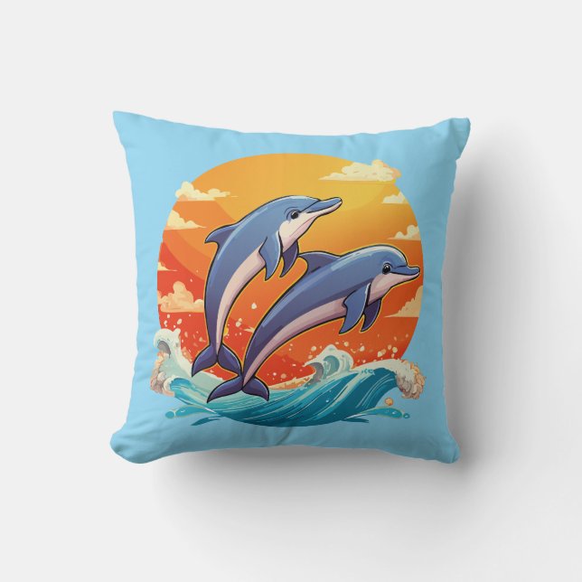 Two jumping cartoon dolphin throw pillow (Front)