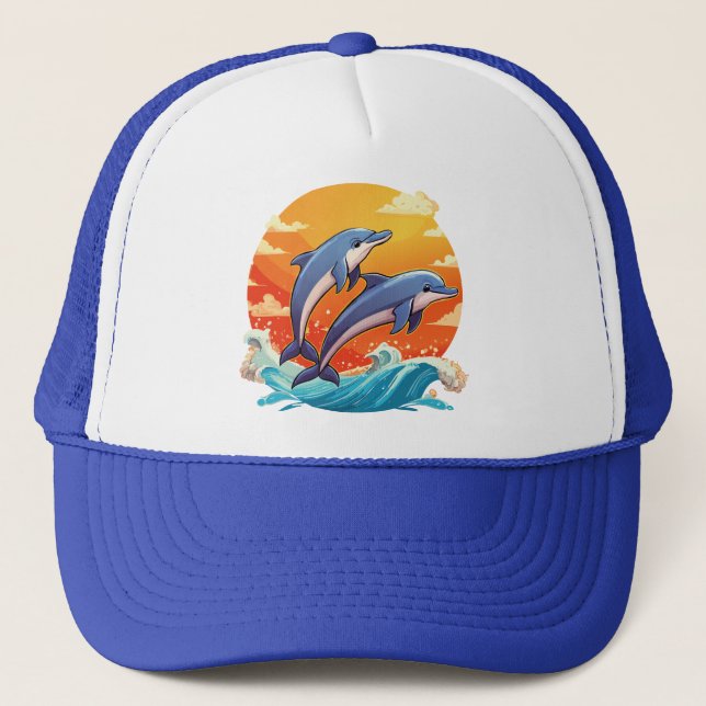 Two jumping cartoon dolphin trucker hat (Front)
