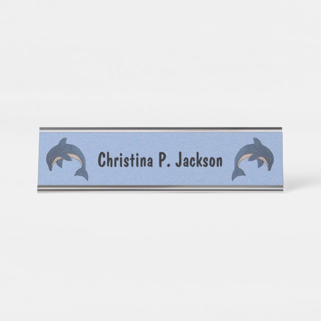 Two Jumping Sparkle Like Blue White Dolphins Desk Name Plate (Front)