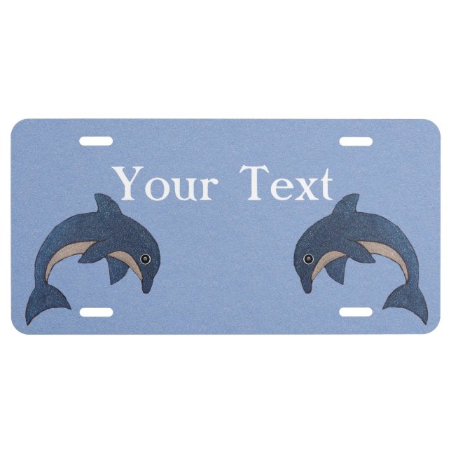 Two Jumping Sparkle Like Dolphins Dark Blue White License Plate (Front)