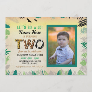 Two Jungle 2nd Birthday Party Safari ZOO Photo Invitation