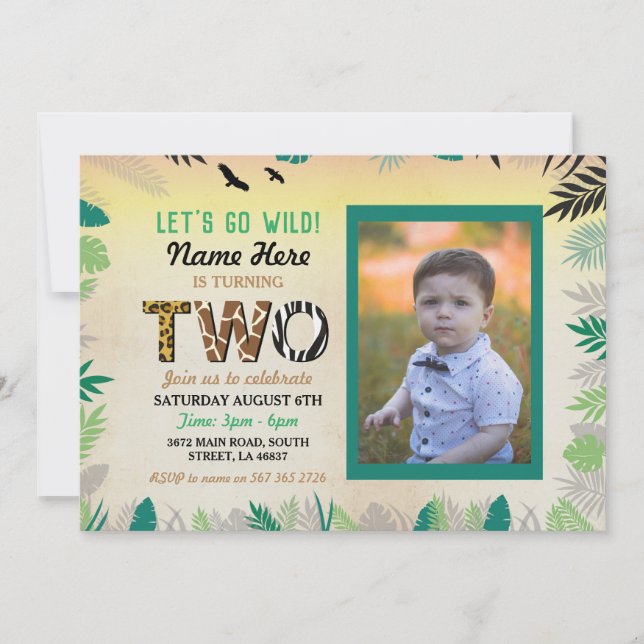 Two Jungle 2nd Birthday Party Safari ZOO Photo Invitation (Front)