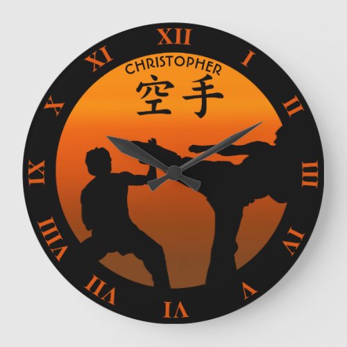 Two Karate Fighters With Rising Sun Large Clock