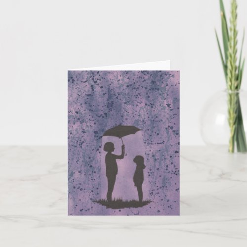 Two Kids in a Rainstorm Silhouette Purple  Thank You Card