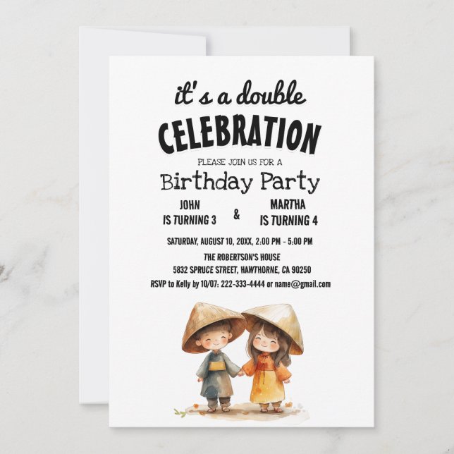 Two Kids Oriental East Asia Double Birthday Party  Invitation (Front)