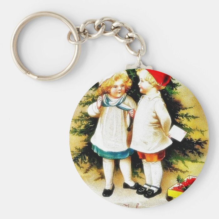 Two kids speaking each other infront of the christ key chains