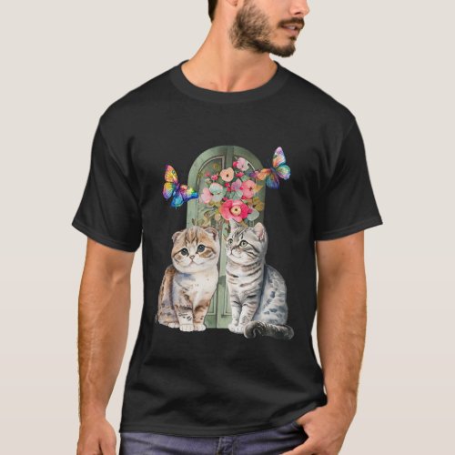 Two Kitten Cats butterflies in a door flowers T_Shirt