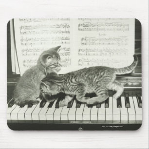 Two kitten playing on piano keyboard, (B&W) Mouse Pad