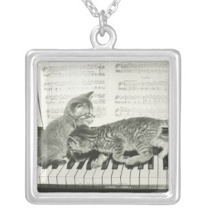 Two kitten playing on piano keyboard, (B&W) Silver Plated Necklace