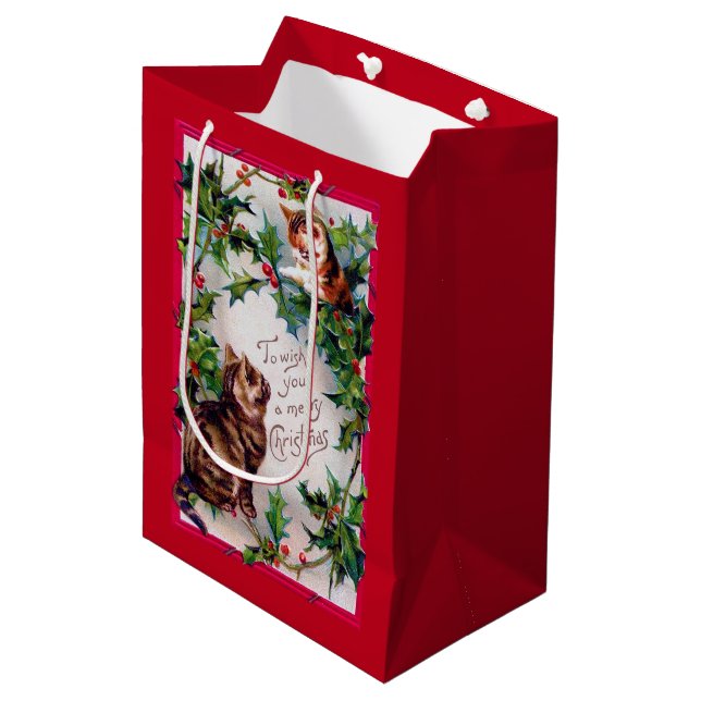 Two Kittens and Christmas Holly Medium Gift Bag (Front Angled)