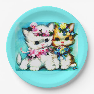 two kittens and lots of flowers paper plates