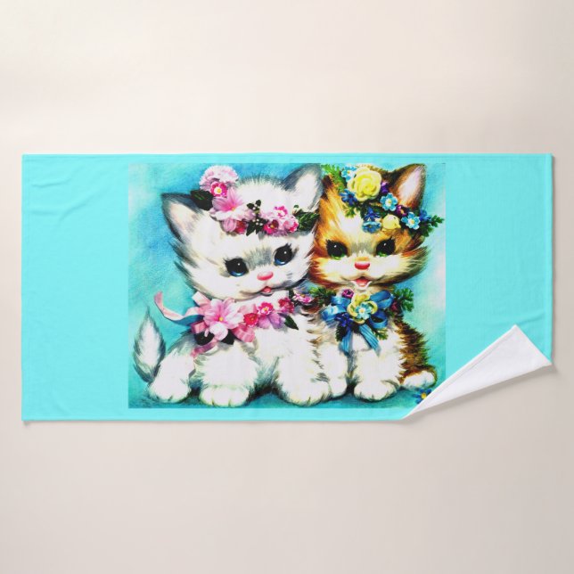 two kittens and lots of flowers print bath towel set (Bath Towel)