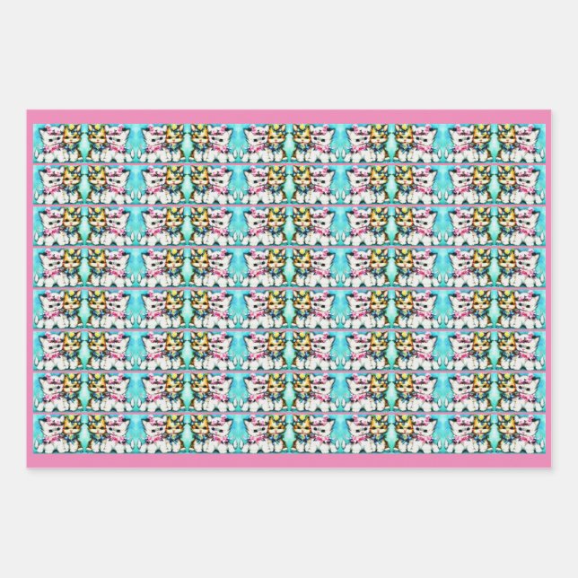 two kittens and lots of flowers print wrapping paper sheets (Front)