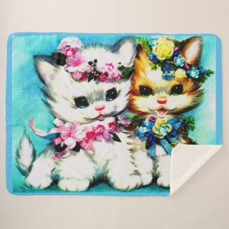 two kittens and lots of flowers sherpa blanket