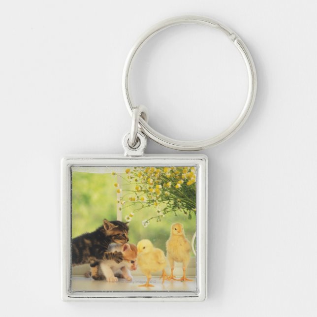 Two Kittens and Two Chicks Playing, Front View, Keychain (Front)