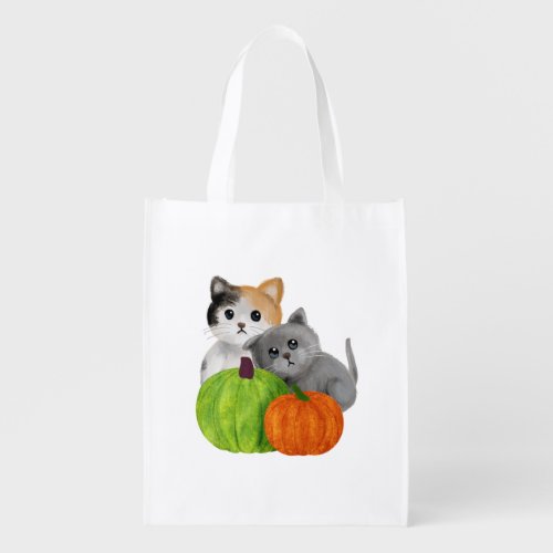 Two Kittens and Two Pumpkins Grocery Bag