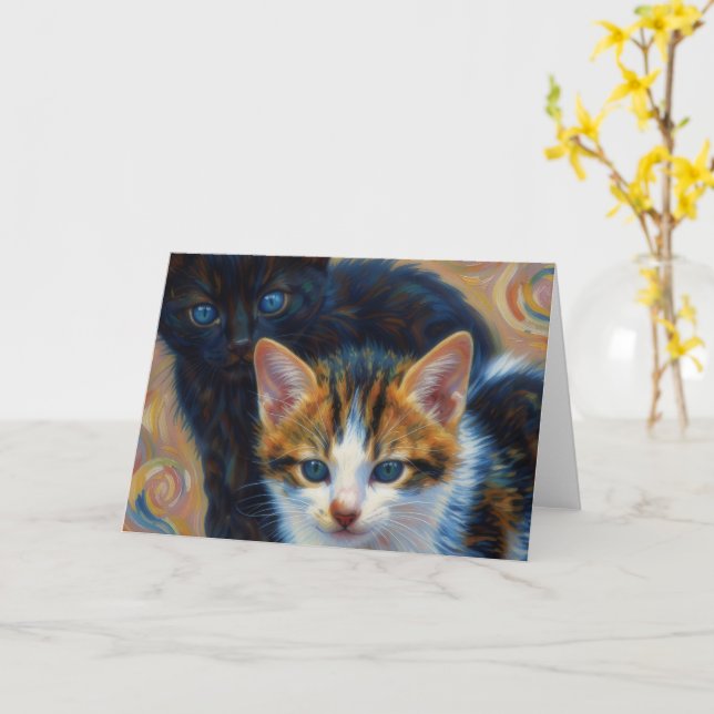 Two Kittens Art Note Card (Yellow Flower)