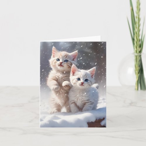 Two Kittens Blue Eyes Playing Snow Blank Greeting Card