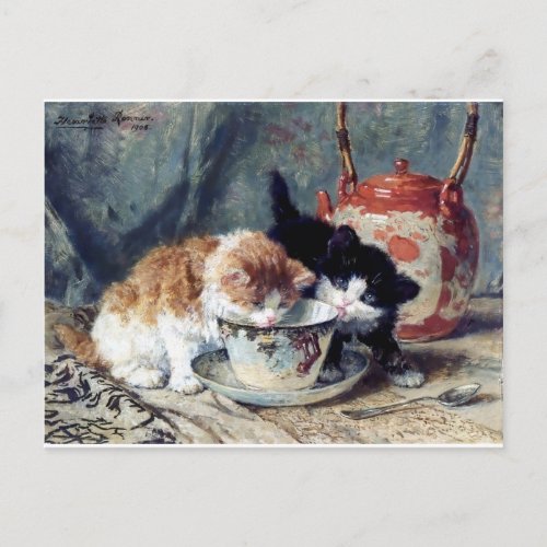 Two kittens having tea party postcard