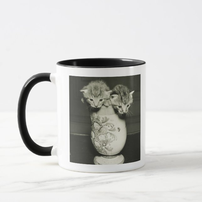 Two kittens hiding in vase, (B&W) Mug (Left)