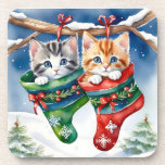 Two Kittens in Christmas Stockings in the Snow Beverage Coaster