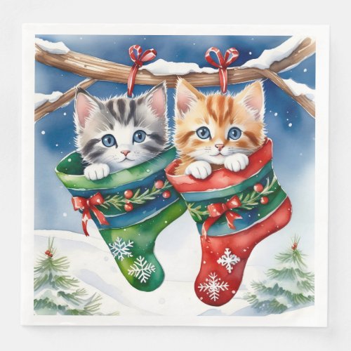 Two Kittens in Christmas Stockings in the Snow Paper Dinner Napkins