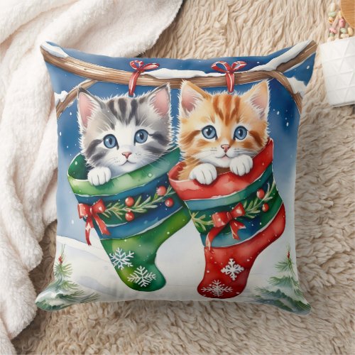 Two Kittens in Christmas Stockings in the Snow Throw Pillow