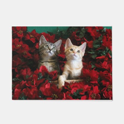 Two Kittens In Poinsettias Welcome Doormat