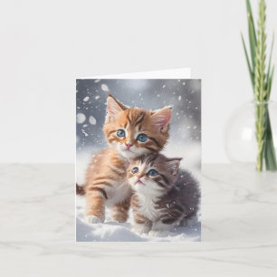 Two Kittens in Snow Winter Cat Art Blank Greeting Card