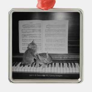 Two kittens sitting on piano keyboard by sheet metal ornament