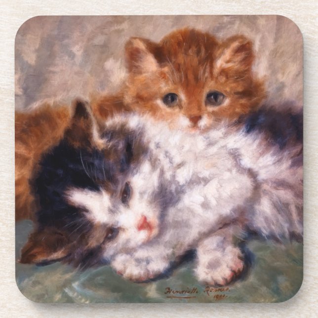 Two Kittens Snuggle by Henriëtte Ronner-Knip Beverage Coaster (Front)
