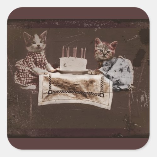 Two Kittens with Birthday Cake Square Sticker