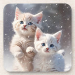 Two Kittens with Blue Eyes Playing in the Snow  Beverage Coaster