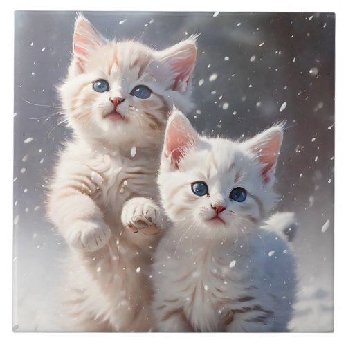 Two Kittens with Blue Eyes Playing in the Snow  Ceramic Tile