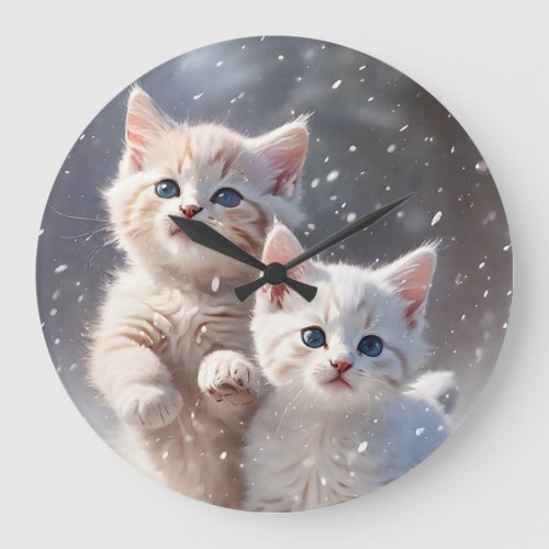 Two Kittens with Blue Eyes Playing in the Snow  Large Clock